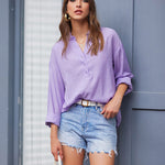 Womens Blouses Dressy Casual Long Sleeve Henley V-Neck Button Up Drop Shoulder Blouse Shirt Tops Relaxed Fit S-XXL - Zeagoo (Us Only)