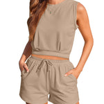 Womens Summer 2 Piece Outfits Sleeveless Round Neck Tops and High-waisted with Drawstring Casual Shorts Tracksuit Sets - Zeagoo (Us Only)