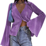 Women's Deep V Neck Shirt Button Front Blouse Bell Long Sleeve Tops - Zeagoo (Us Only)