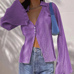 Women's Deep V Neck Shirt Button Front Blouse Bell Long Sleeve Tops - Zeagoo (Us Only)