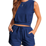 Womens Summer 2 Piece Outfits Sleeveless Round Neck Tops and High-waisted with Drawstring Casual Shorts Tracksuit Sets - Zeagoo (Us Only)
