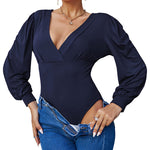 Women Sexy Bodysuits Long Sleeve V Neck Jumpsuits Tops Leotard Shirts - Zeagoo (Us Only)