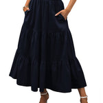 Women's Boho Elastic High Waist Ruffle A Line Swing Beach Long Maxi Skirt with Pockets - Zeagoo (Us Only)