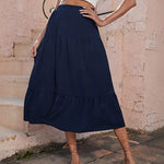 Women's Boho Elastic High Waist Ruffle A Line Swing Beach Long Maxi Skirt with Pockets - Zeagoo (Us Only)