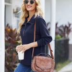 Womens Quilted Sweatshirts Quarter Zip Pullovers Lightweight Long Sleeve Stand Collar Tops with Kangaroo Pocket - Zeagoo (Us Only)