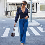 Women Sexy Bodysuits Long Sleeve V Neck Jumpsuits Tops Leotard Shirts - Zeagoo (Us Only)