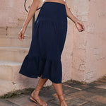 Women's Boho Elastic High Waist Ruffle A Line Swing Beach Long Maxi Skirt with Pockets - Zeagoo (Us Only)