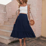 Women's Boho Elastic High Waist Ruffle A Line Swing Beach Long Maxi Skirt with Pockets - Zeagoo (Us Only)