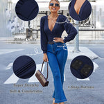 Women Sexy Bodysuits Long Sleeve V Neck Jumpsuits Tops Leotard Shirts - Zeagoo (Us Only)
