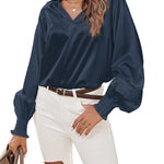Women's Silk Shirts V Neck Shirred Lantern Sleeve Casual Work Blouse Tunic Tops - Zeagoo (Us Only)