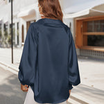 Women's Silk Shirts V Neck Shirred Lantern Sleeve Casual Work Blouse Tunic Tops - Zeagoo (Us Only)