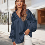 Women's Silk Shirts V Neck Shirred Lantern Sleeve Casual Work Blouse Tunic Tops - Zeagoo (Us Only)