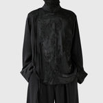 Stand-up Collar Embroidered Diagonal Placket Shirt