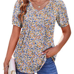 Zeagoo Puff Short Sleeve Boho V Neck Floral Blouse