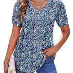 Zeagoo Puff Short Sleeve Boho V Neck Floral Blouse