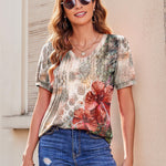 Zeagoo Puff Short Sleeve Boho V Neck Floral Blouse