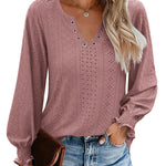 Zeagoo Women Casual V Neck T-Shirts Ruffle Long Sleeve Shirt Eyelet Loose Blouses S-XXL
