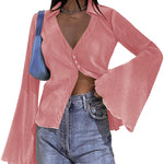 Women's Deep V Neck Shirt Button Front Blouse Bell Long Sleeve Tops - Zeagoo (Us Only)