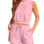 Womens Summer 2 Piece Outfits Sleeveless Round Neck Tops and High-waisted with Drawstring Casual Shorts Tracksuit Sets - Zeagoo (Us Only)