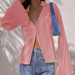 Women's Deep V Neck Shirt Button Front Blouse Bell Long Sleeve Tops - Zeagoo (Us Only)