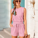 Womens Summer 2 Piece Outfits Sleeveless Round Neck Tops and High-waisted with Drawstring Casual Shorts Tracksuit Sets - Zeagoo (Us Only)