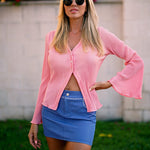 Women's Deep V Neck Shirt Button Front Blouse Bell Long Sleeve Tops - Zeagoo (Us Only)