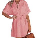 Women's Shirt Dress Button Down V Neck Blouse Short Roll-up Sleeve Tunic Tops with Pockets - Zeagoo (Us Only)