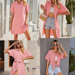 Women's Shirt Dress Button Down V Neck Blouse Short Roll-up Sleeve Tunic Tops with Pockets - Zeagoo (Us Only)