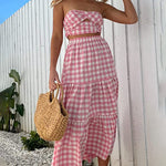 Women's Boho Elastic High Waist Ruffle A Line Swing Beach Long Maxi Skirt with Pockets - Zeagoo (Us Only)