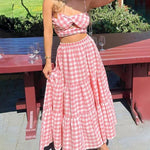 Women's Boho Elastic High Waist Ruffle A Line Swing Beach Long Maxi Skirt with Pockets - Zeagoo (Us Only)
