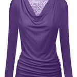 Womens Long Sleeve Ruched Top Slim Fitted Cowl Neck Wrap Shirts with Side Shirring - Zeagoo (Us Only)