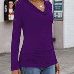 Womens Long Sleeve Ruched Top Slim Fitted Cowl Neck Wrap Shirts with Side Shirring - Zeagoo (Us Only)