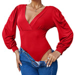 Women Sexy Bodysuits Long Sleeve V Neck Jumpsuits Tops Leotard Shirts - Zeagoo (Us Only)