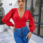 Women Sexy Bodysuits Long Sleeve V Neck Jumpsuits Tops Leotard Shirts - Zeagoo (Us Only)