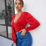Women Sexy Bodysuits Long Sleeve V Neck Jumpsuits Tops Leotard Shirts - Zeagoo (Us Only)