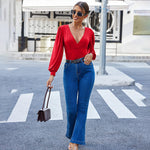 Women Sexy Bodysuits Long Sleeve V Neck Jumpsuits Tops Leotard Shirts - Zeagoo (Us Only)
