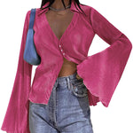 Women's Deep V Neck Shirt Button Front Blouse Bell Long Sleeve Tops - Zeagoo (Us Only)