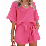 Women's 2 Piece Cotton Linen Tracksuit Short Sleeve Casual Shorts Set V Neck Beach Outfits - Zeagoo (Us Only)