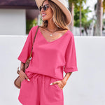Women's 2 Piece Cotton Linen Tracksuit Short Sleeve Casual Shorts Set V Neck Beach Outfits - Zeagoo (Us Only)