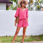 Women's 2 Piece Cotton Linen Tracksuit Short Sleeve Casual Shorts Set V Neck Beach Outfits - Zeagoo (Us Only)