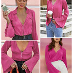 Women's Deep V Neck Shirt Button Front Blouse Bell Long Sleeve Tops - Zeagoo (Us Only)