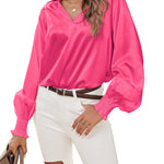 Women's Silk Shirts V Neck Shirred Lantern Sleeve Casual Work Blouse Tunic Tops - Zeagoo (Us Only)