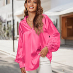 Women's Silk Shirts V Neck Shirred Lantern Sleeve Casual Work Blouse Tunic Tops - Zeagoo (Us Only)
