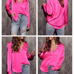 Women's Silk Shirts V Neck Shirred Lantern Sleeve Casual Work Blouse Tunic Tops - Zeagoo (Us Only)