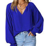 Zeagoo Blouses Puff Long Sleeve Pleated V Neck Tunic Tops