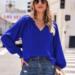 Zeagoo Blouses Puff Long Sleeve Pleated V Neck Tunic Tops