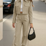 Zeagoo Casual Contrast Tape Short Jacket and Pants Set