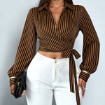 Zeagoo Stylish Striped Long Sleeve Wrap Crop Top for Women Casual Work Office Loose Fit 2026 | Under $40