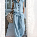 Zeagoo Chic Linen Blend Hooded Sleeveless Shirt Pants Set