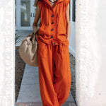 Zeagoo Chic Linen Blend Hooded Sleeveless Shirt Pants Set